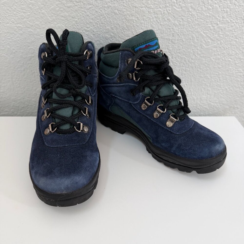 Vintage LL Bean Kids Suede Hiking Boots Blue Green Size 2 - Picture 2 of 8